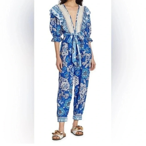 FARM Rio Pants - Farm Rio Full of Flowers jumpsuit Sz Medium New with Tags lots of blue